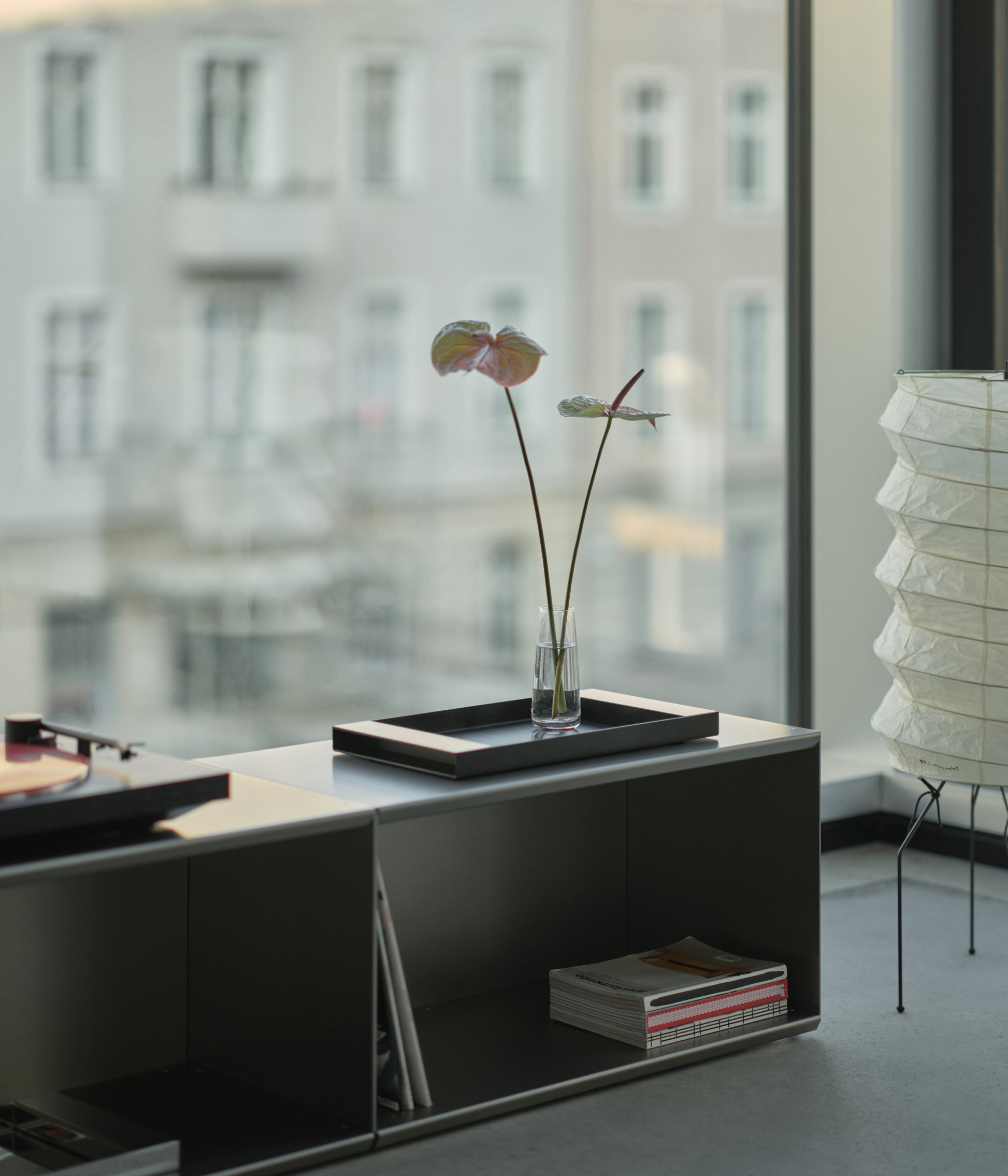 M85 gunmetal modular shelf with M85 aluminum tray, flowers and some books